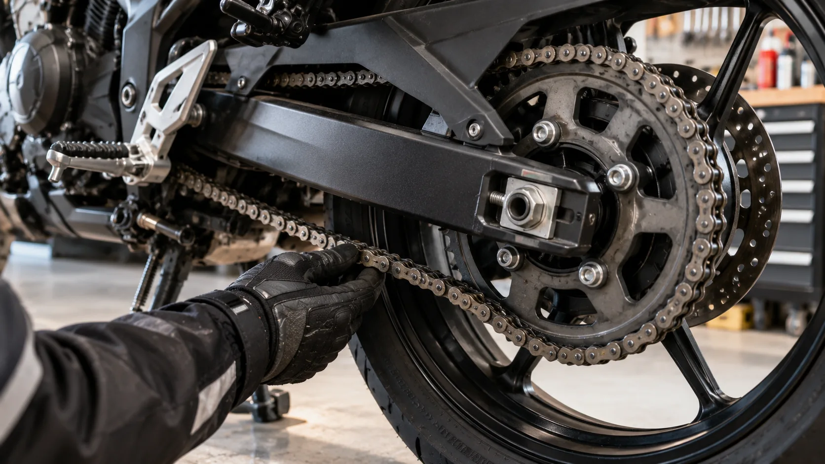Detailansicht einer Motorradkette und eines hinteren Kettenrads bei der Sichtprüfung