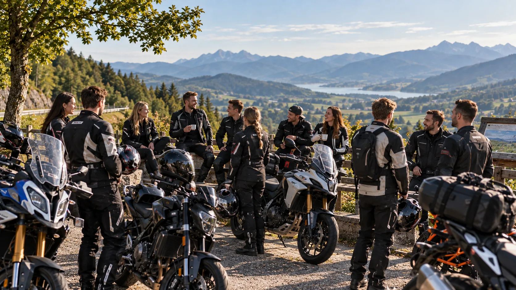 Motorradgruppe bespricht vor einer Ausfahrt die gemeinsame Route an einem Aussichtspunkt