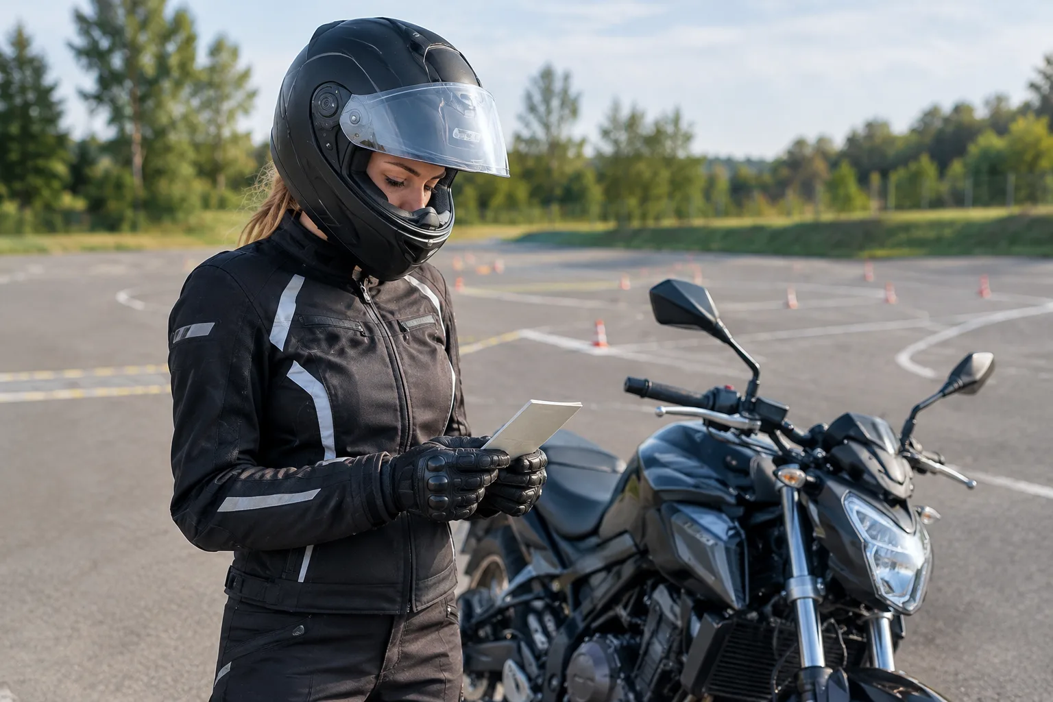 Motorradfahrerin in Schutzkleidung neben einem Motorrad auf einem Übungsplatz