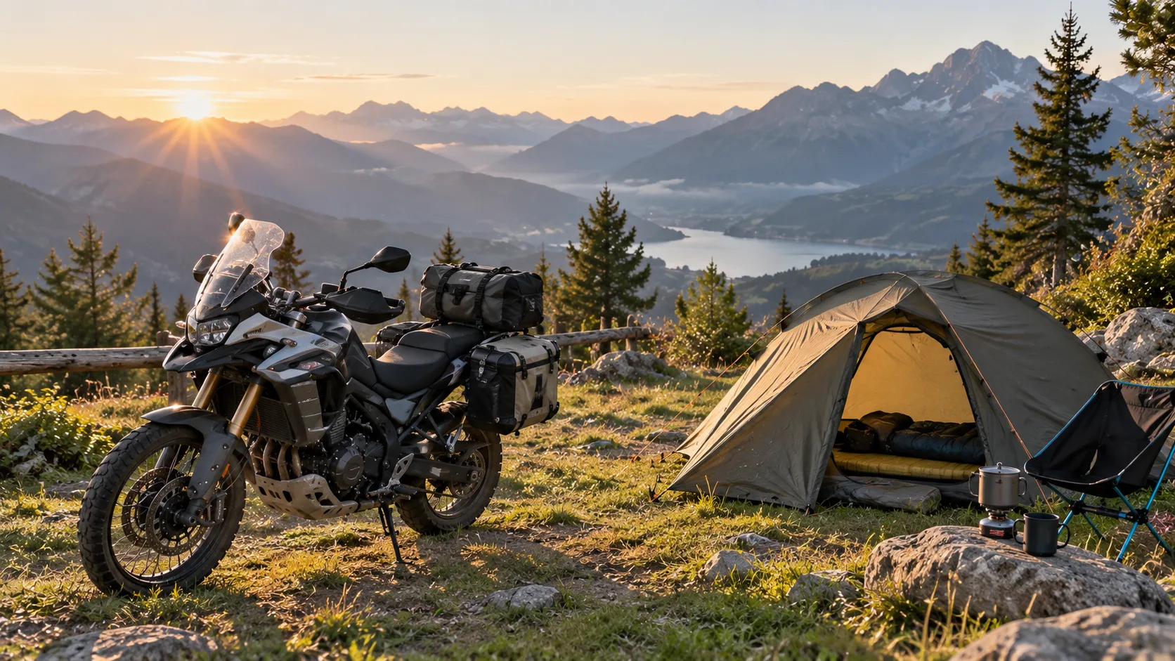Beladenes Reisemotorrad neben einem Trekkingzelt, in dem eine Isomatte liegt