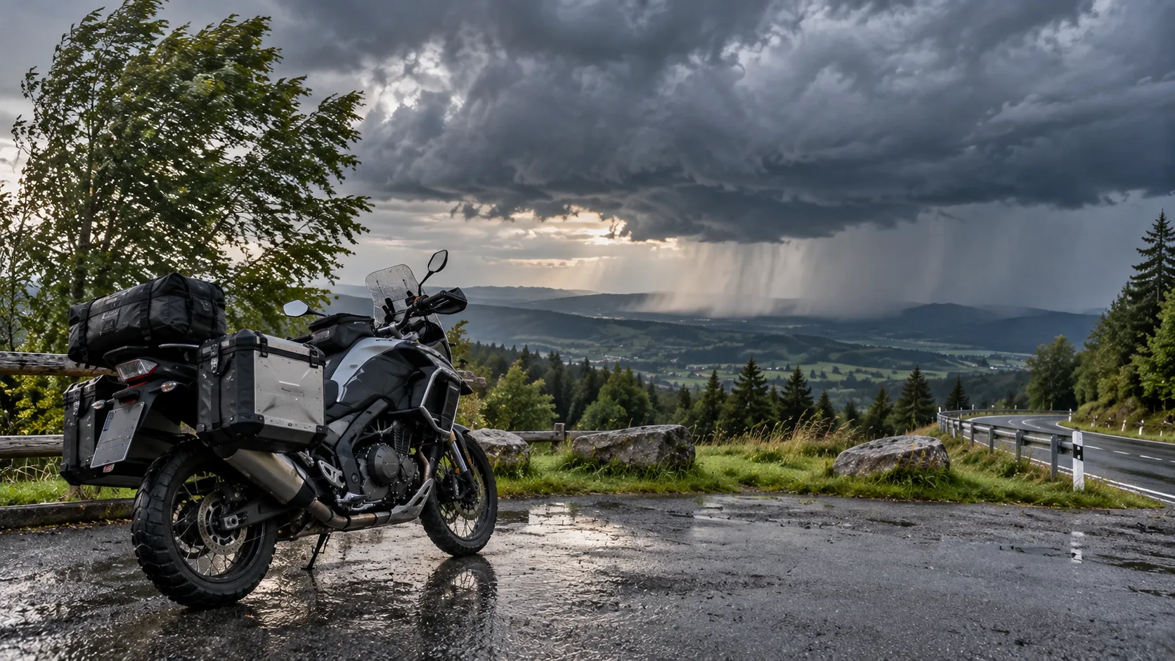 Abgestelltes Motorrad vor windbewegten Bäumen und dunklen Wolken