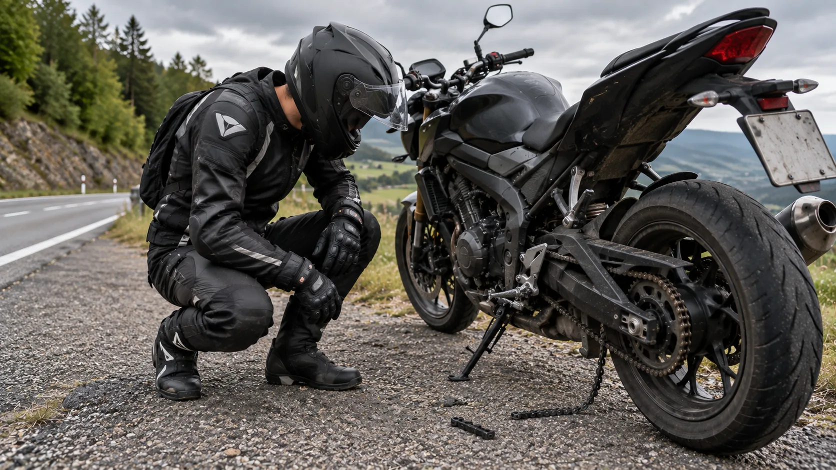 Motorradfahrerin betrachtet mit Abstand zur Fahrbahn eine gerissene Antriebskette am abgestellten Motorrad.