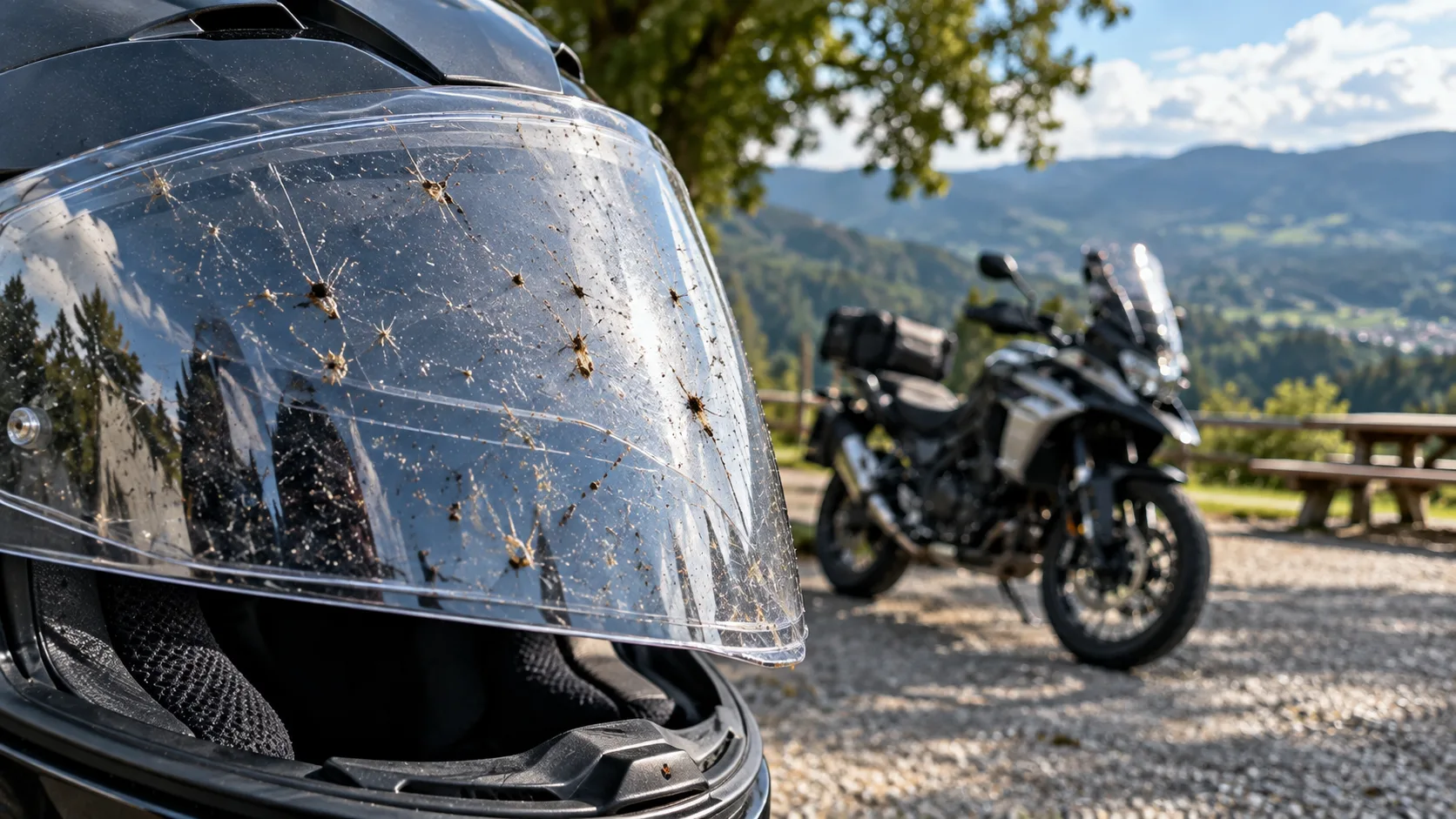 Nahaufnahme eines Motorradvisiers mit angetrockneten Insektenresten