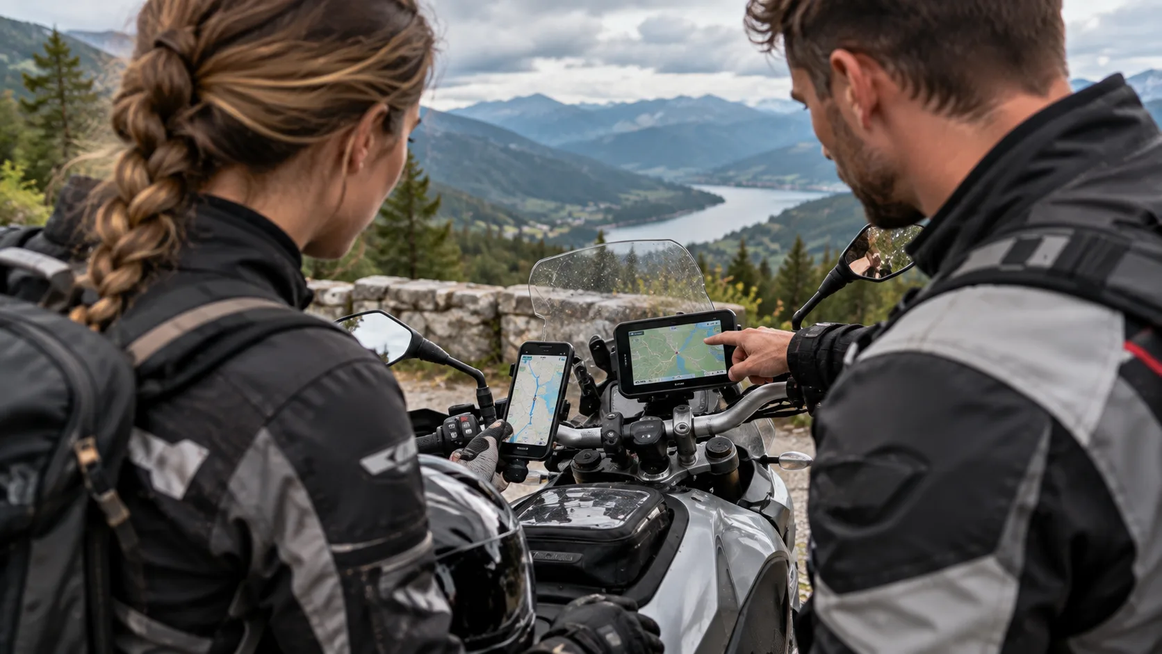 Am Motorrad montiertes Smartphone und separates Navigationsgerät im Vergleich