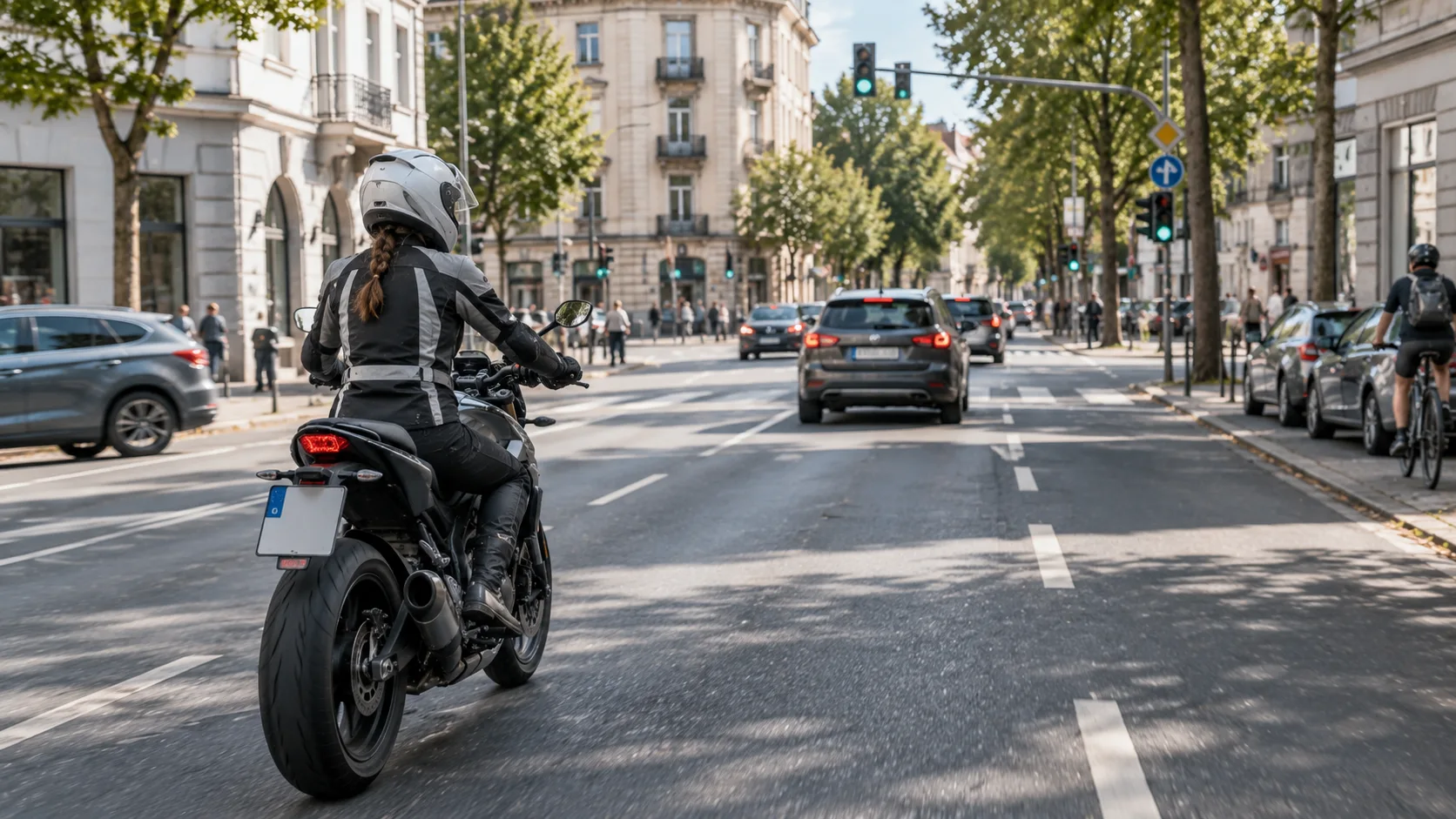 Motorradfahrerin fährt mit Abstand und vorausschauendem Blick durch eine innerstädtische Kreuzung.