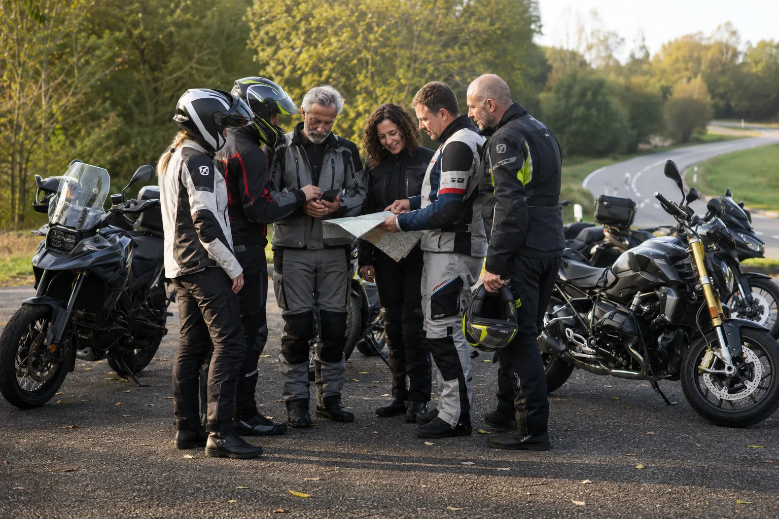 Motorradgruppe bespricht vor einer gemeinsamen Tour die Route auf einem Parkplatz.
