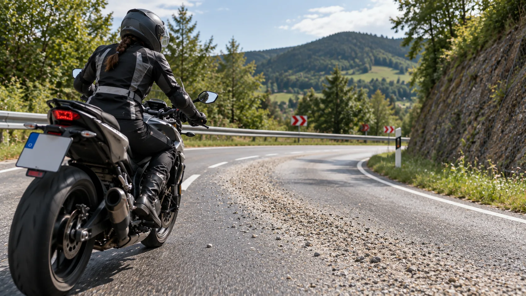 Motorrad fährt kontrolliert auf eine kleine Rollsplittstelle in einer Landstraßenkurve zu.