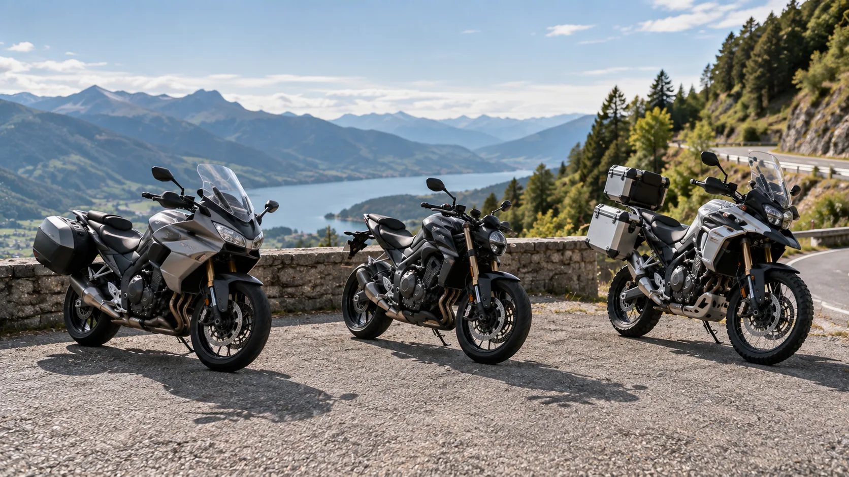 Tourer, Naked Bike und Adventure Bike nebeneinander an einer kurvigen Landstraße
