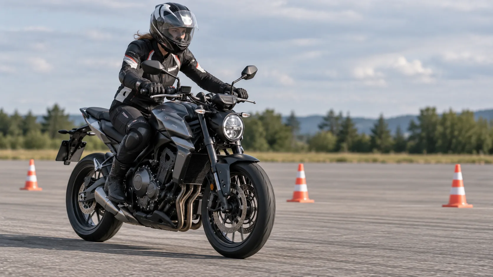 Motorradfahrerin baut bei einer geraden Bremsübung auf abgesperrtem Platz kontrolliert Bremsdruck auf.
