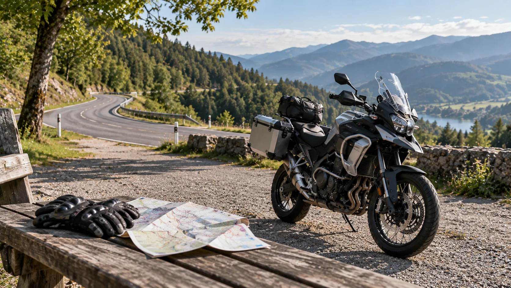 Geparktes Reisemotorrad an einem ruhigen Haltepunkt an einer Landstraße.