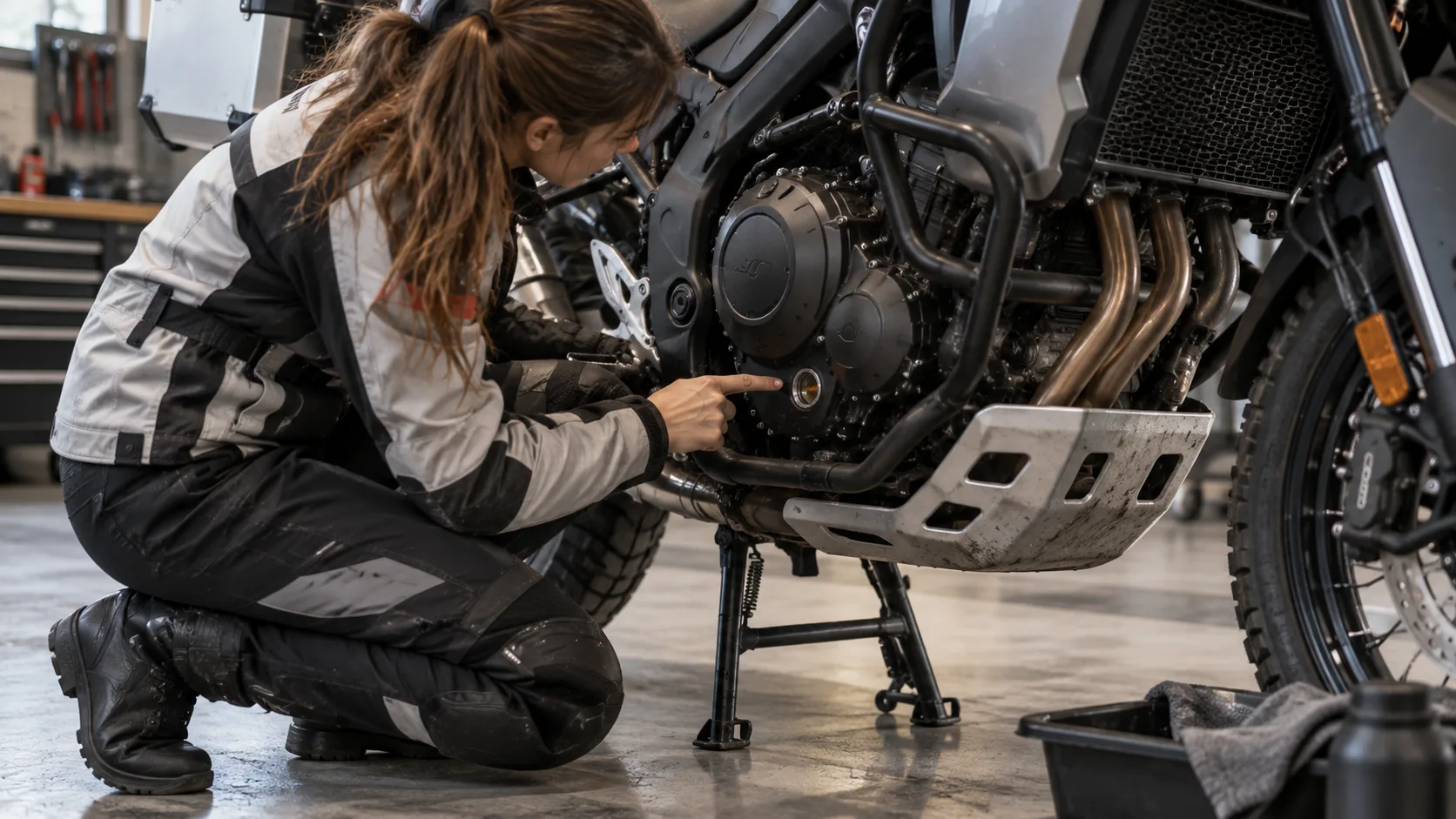 Aufrecht abgestelltes Motorrad auf ebenem Boden bei der Kontrolle des Öl-Schauglases