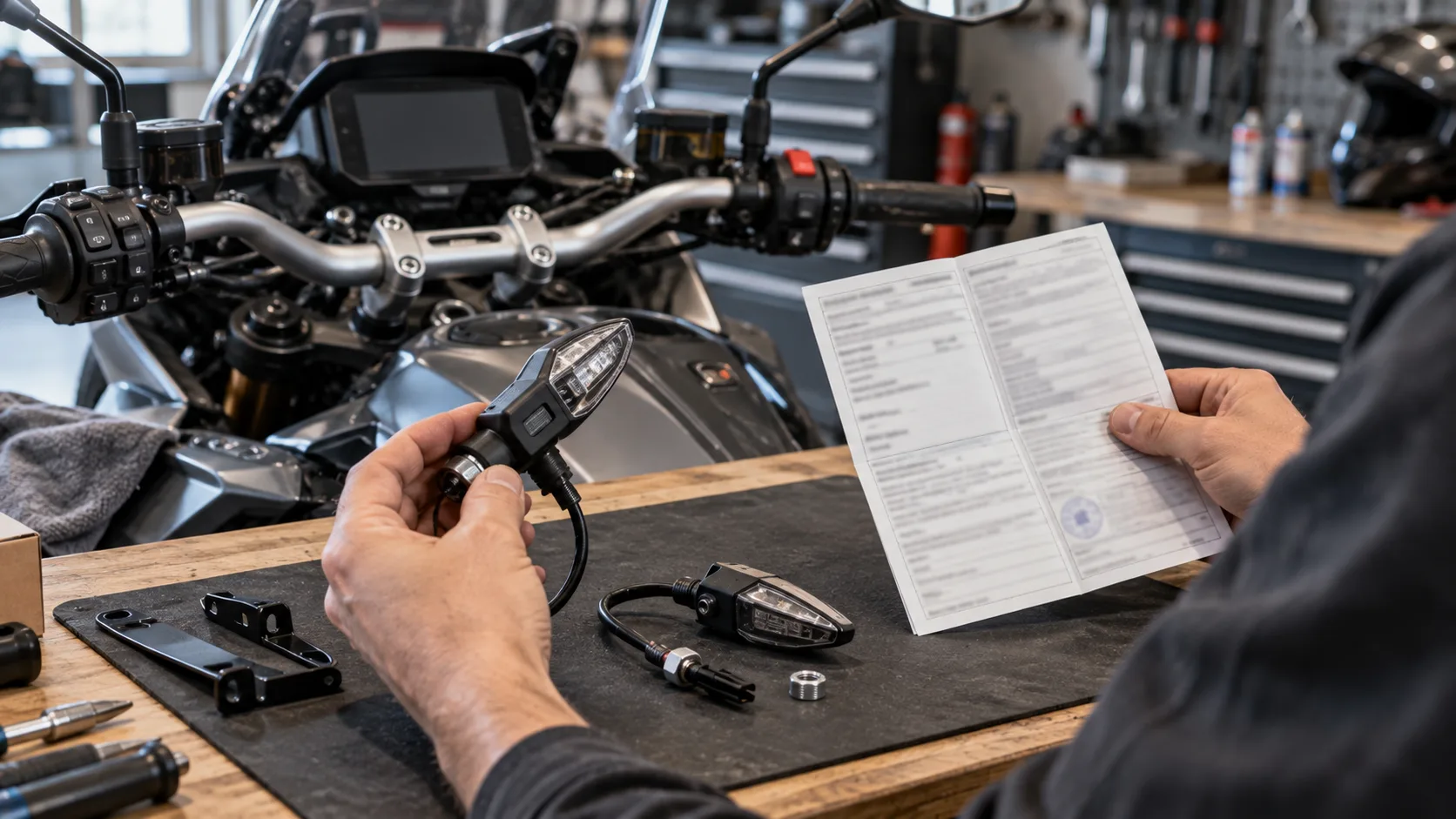 Motorradfahrer vergleicht ein Zubehörteil mit technischen Unterlagen