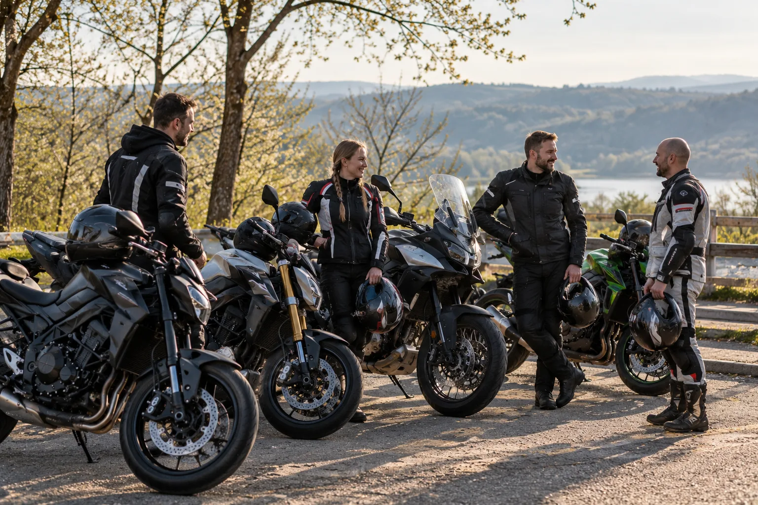 Motorradfahrerinnen und Motorradfahrer treffen sich im Frühling vor einer gemeinsamen Ausfahrt.