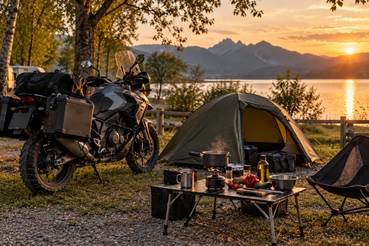 Kompakte Campingküche neben einem Motorrad und einem Zelt auf einem Campingplatz