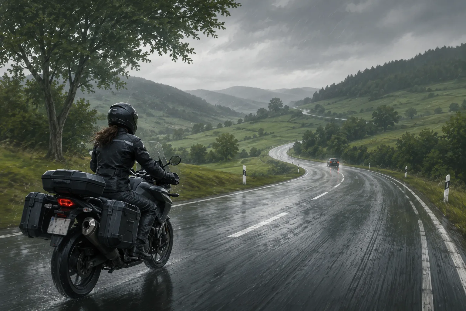 Illustrierte Motorradfahrerin auf einer nassen Landstraße bei leichtem Regen
