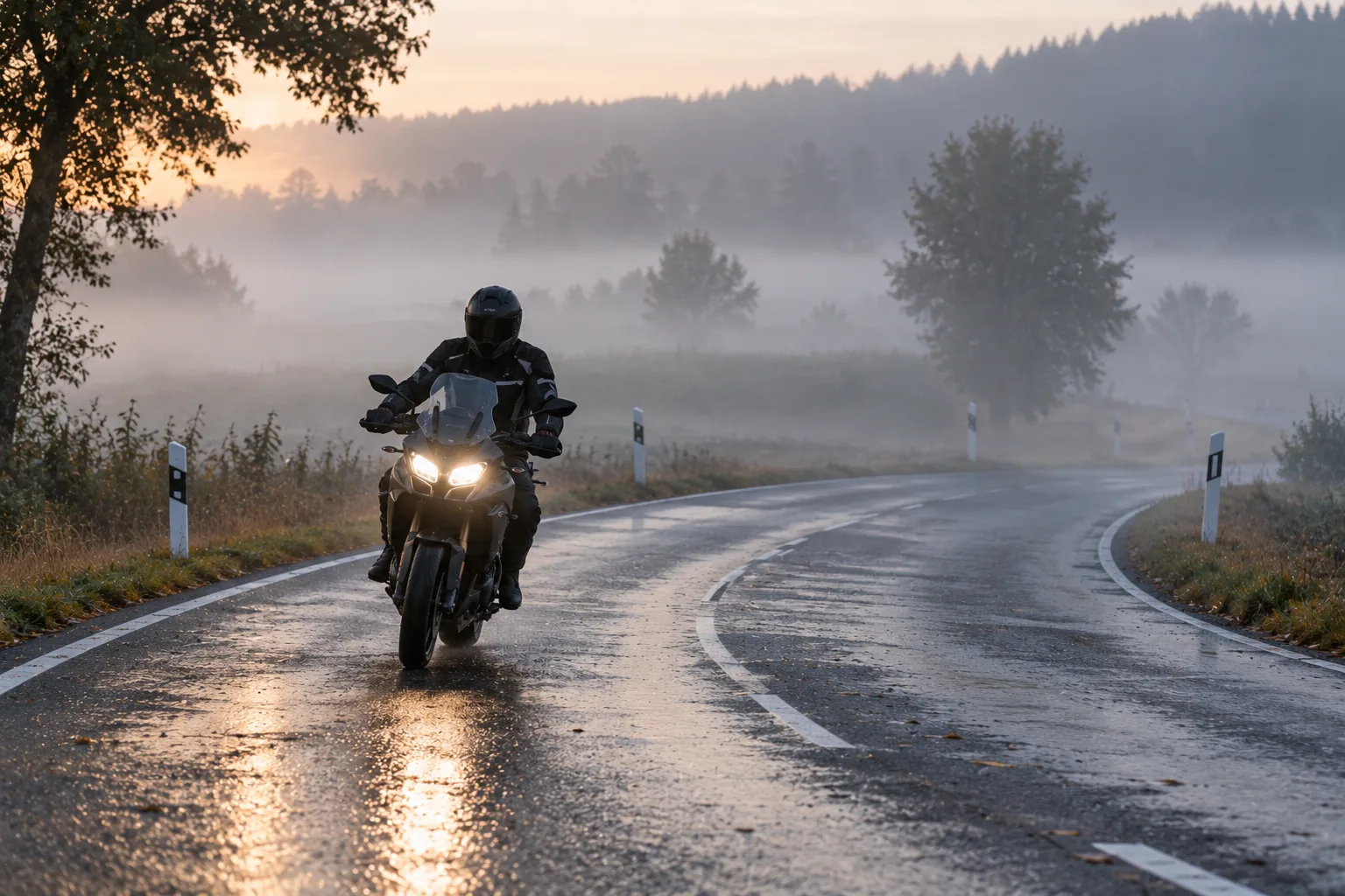 Motorrad mit eingeschaltetem Abblendlicht auf einer nebligen Landstraße
