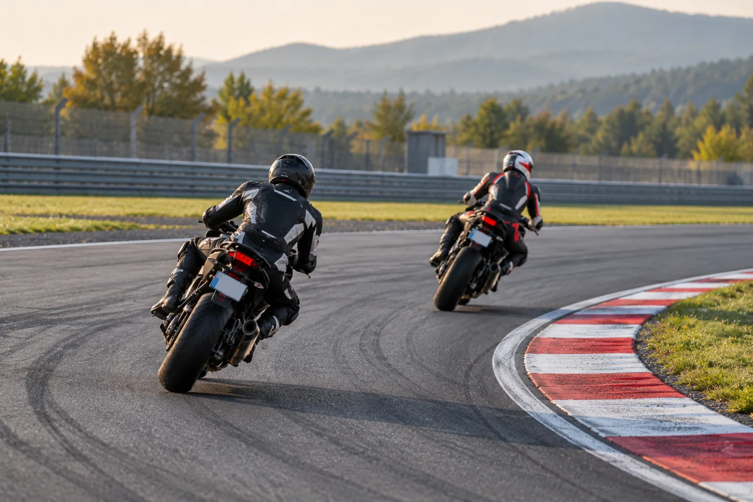 Motorradfahrerin folgt einer Instruktorin in einer Kurve auf einer abgesperrten Rennstrecke.
