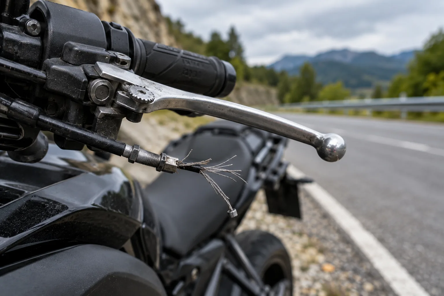 Nahaufnahme eines gerissenen Kupplungszugs am linken Motorradlenker
