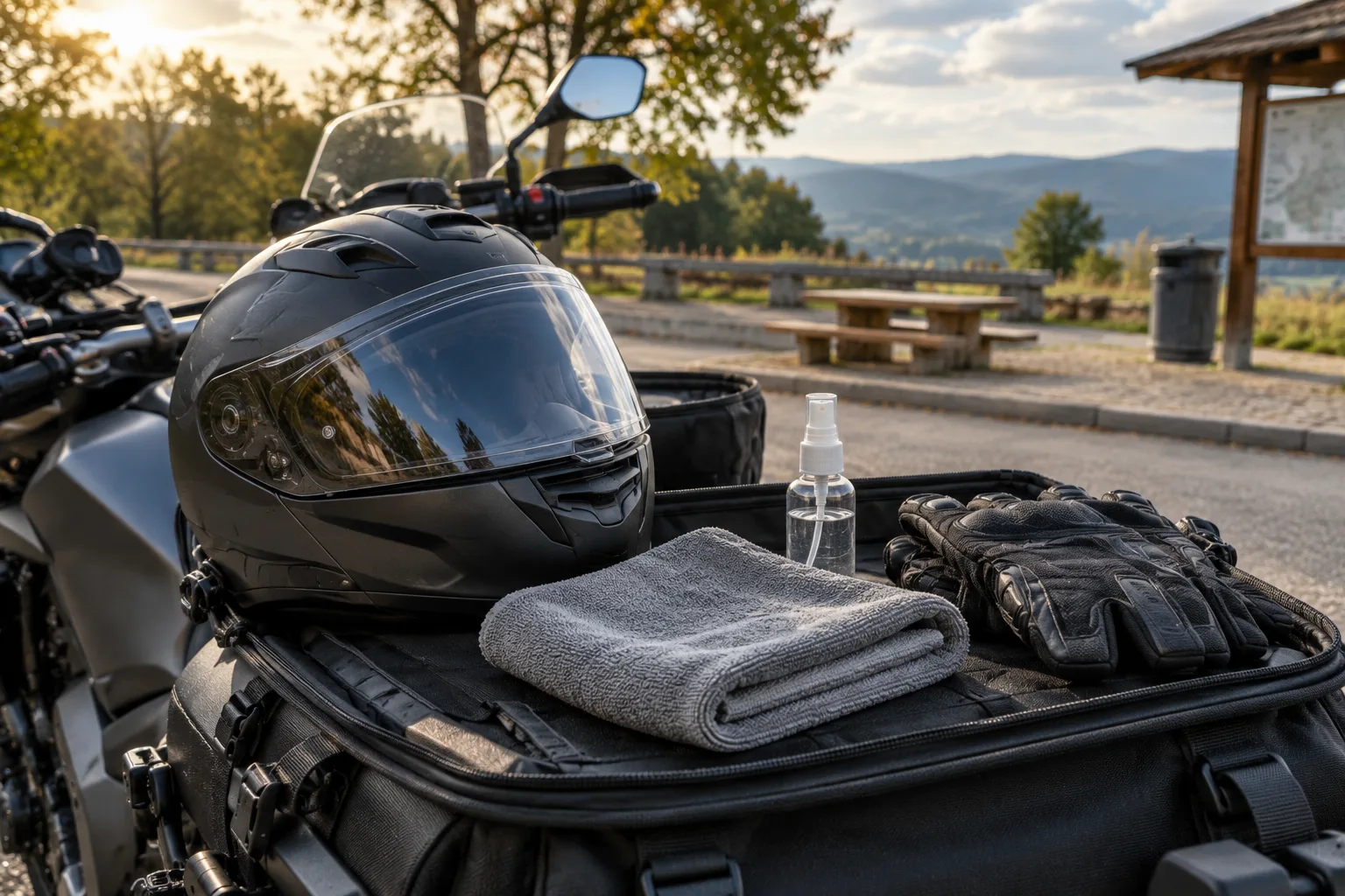 Zusammengefaltetes Mikrofasertuch neben Helm und kleinem Sprühfläschchen in einer Gepäcktasche