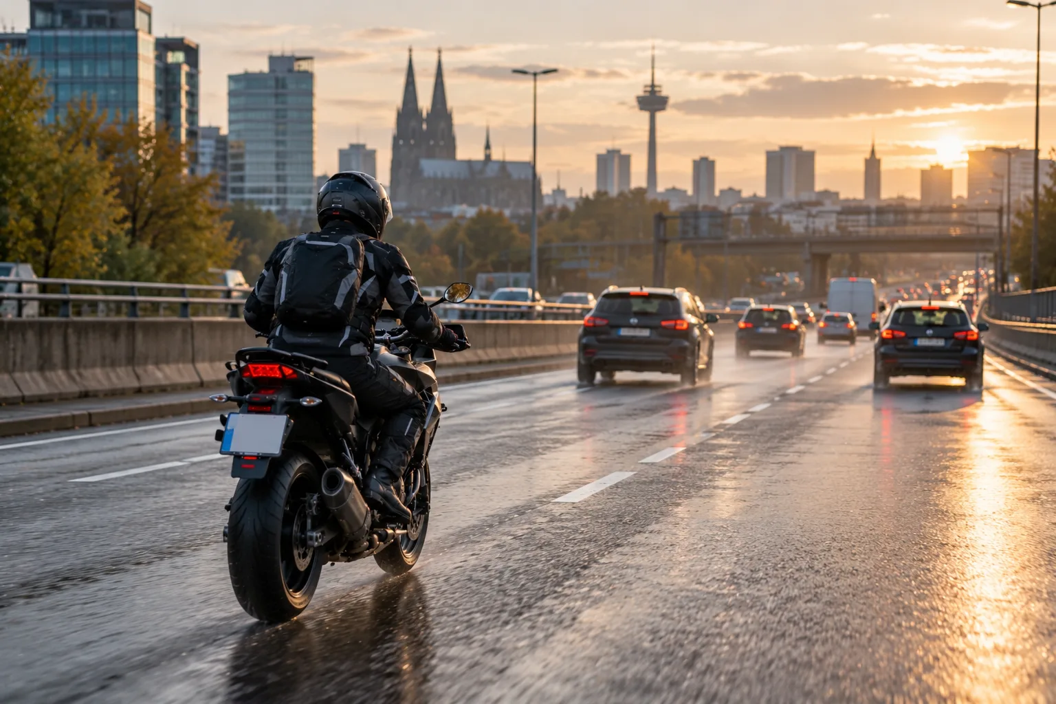 Motorradfahrerin fährt am Morgen mit Abstand durch dichten Stadtverkehr.
