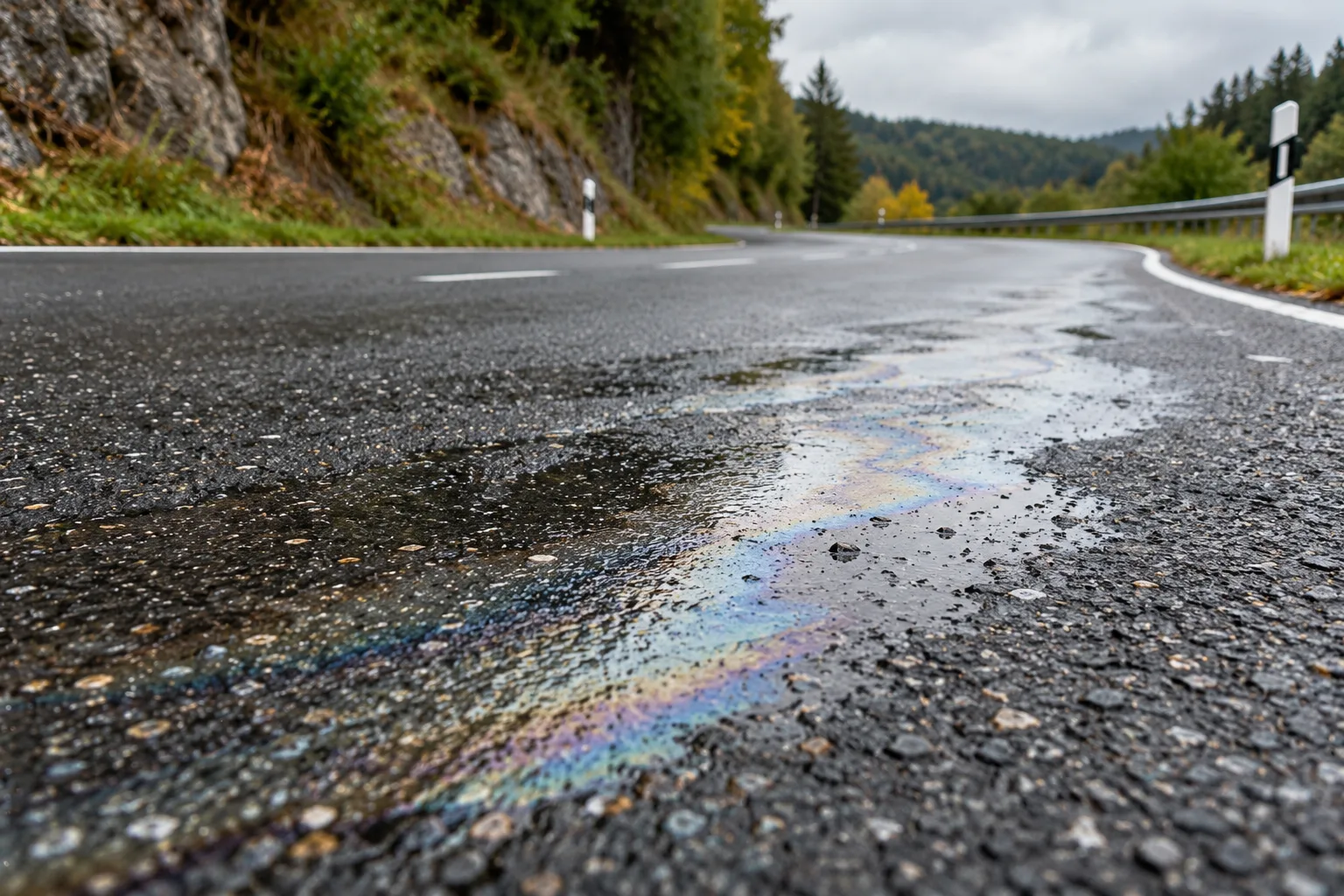 Schmaler schillernder Flüssigkeitsfilm auf einer Asphaltfahrbahn vor einer Kurve