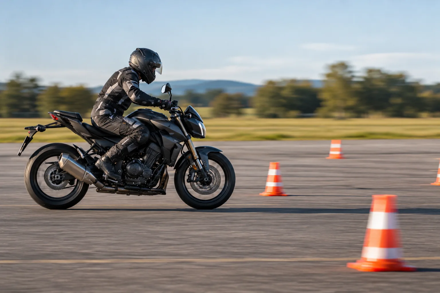 Motorradfahrer bremst auf einem leeren Trainingsgelände geradeaus und aufrecht.