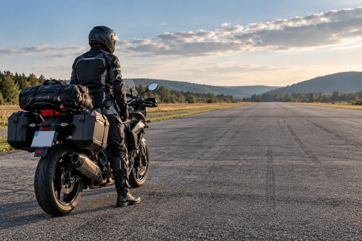 Motorradfahrerin prüft auf einem leeren Asphaltplatz den Bereich für eine Bremsübung.