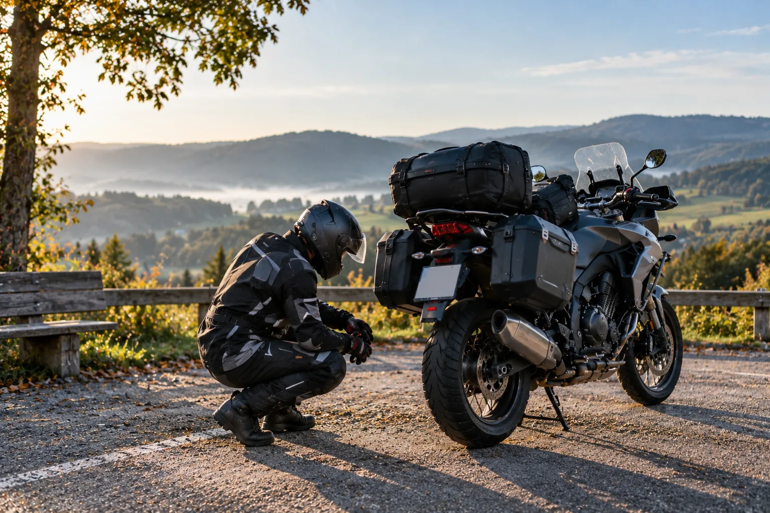 Motorradfahrerin prüft ihr Motorrad und die Ausrüstung vor einer Ausfahrt