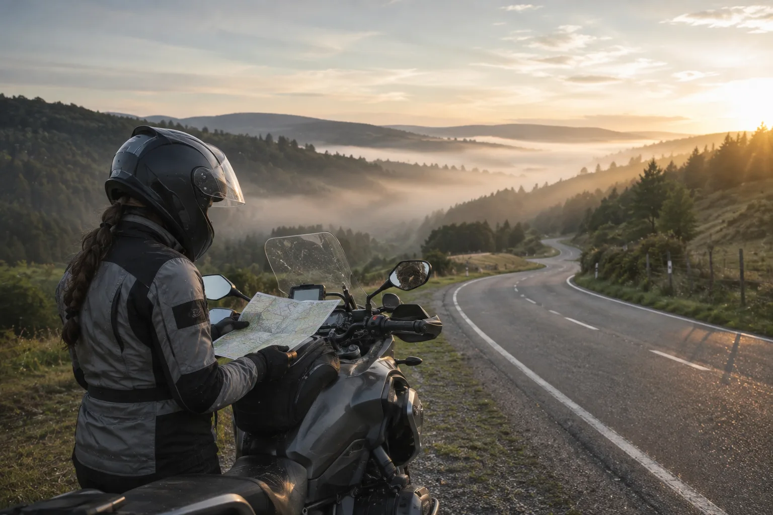 A motorcyclist plans the next leg of a tour on a winding country road.