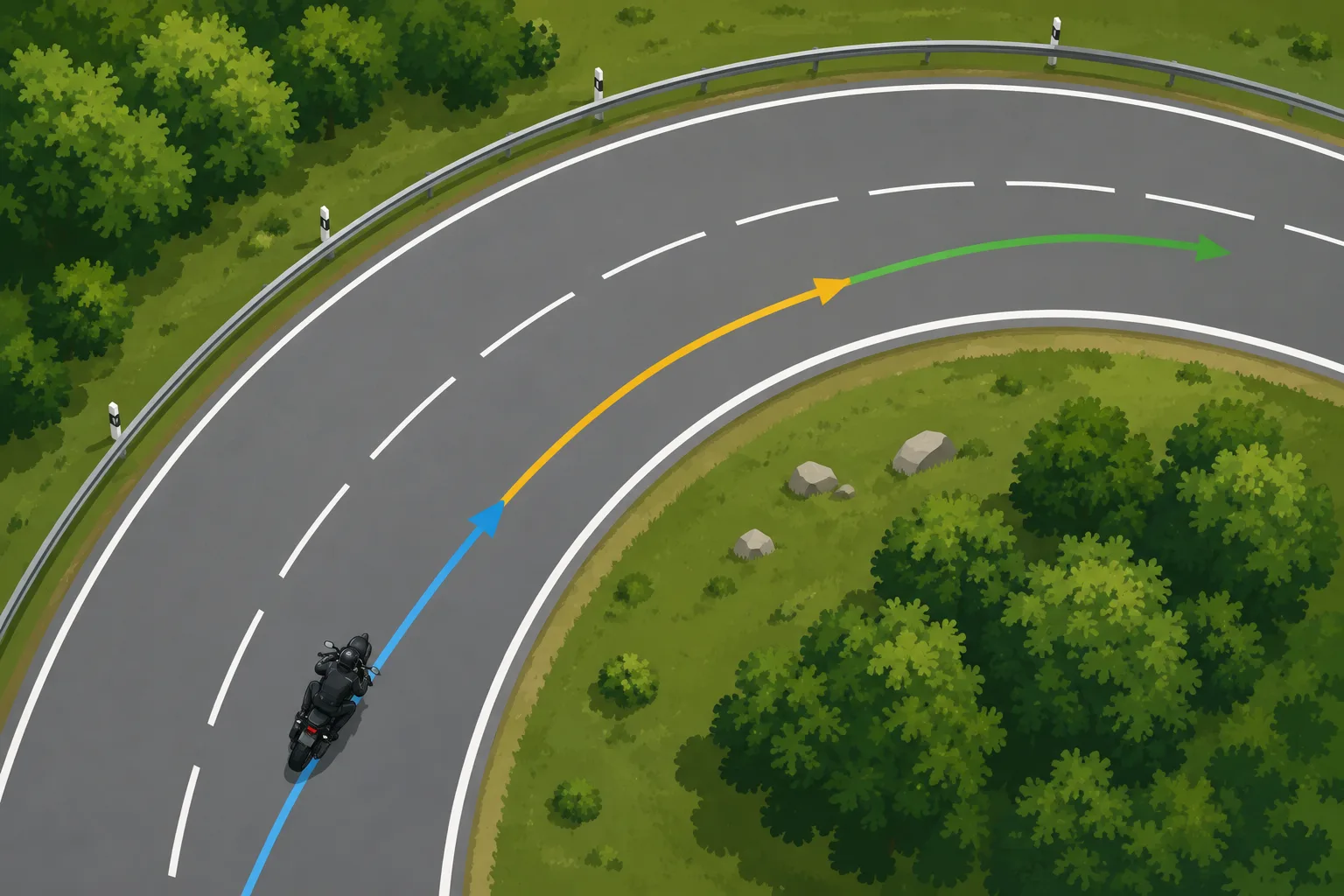 Draufsicht einer defensiven Motorradlinie mit spätem Scheitelpunkt in einer Rechtskurve.
