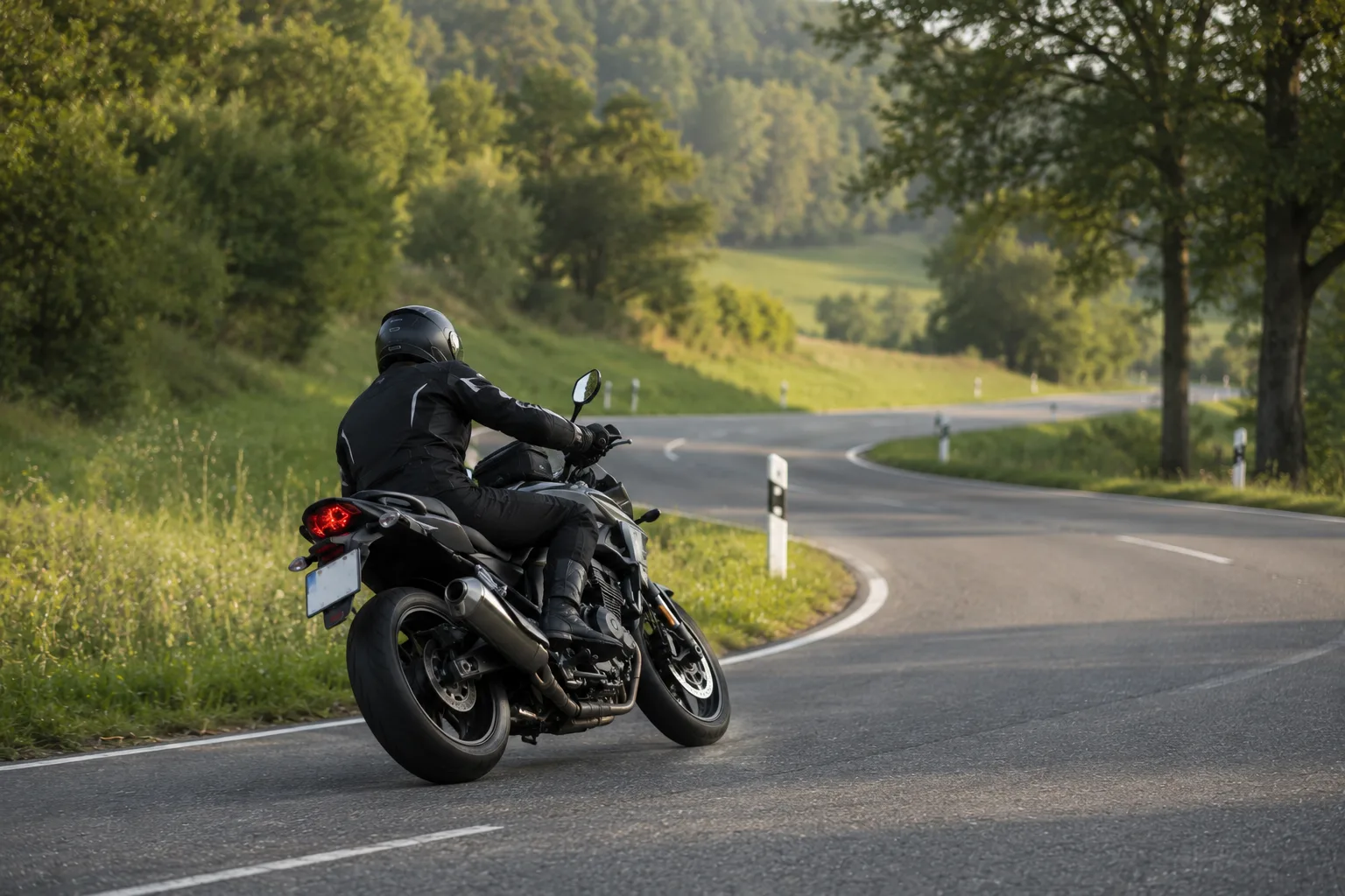 Motorradfahrerin richtet den Blick in einer übersichtlichen Kurve zum Kurvenausgang.
