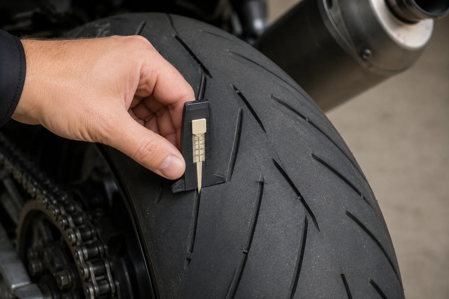 Ein Profiltiefenmesser wird in die Profilrille eines Motorrad-Hinterreifens gehalten.