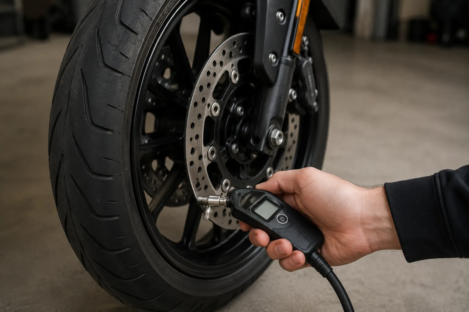 Reifendruck wird mit einem digitalen Manometer am Motorrad-Vorderrad geprüft.