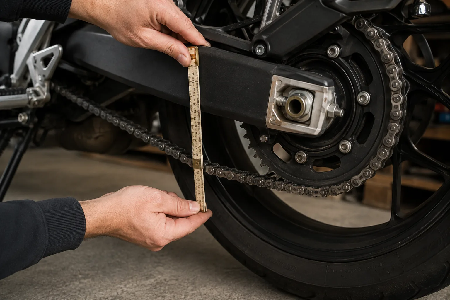 Kontrolle des Kettendurchhangs am Hinterrad eines abgestellten Motorrads