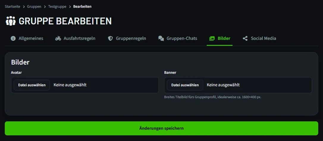 Reiter Bilder mit Upload-Feldern für Avatar und Banner