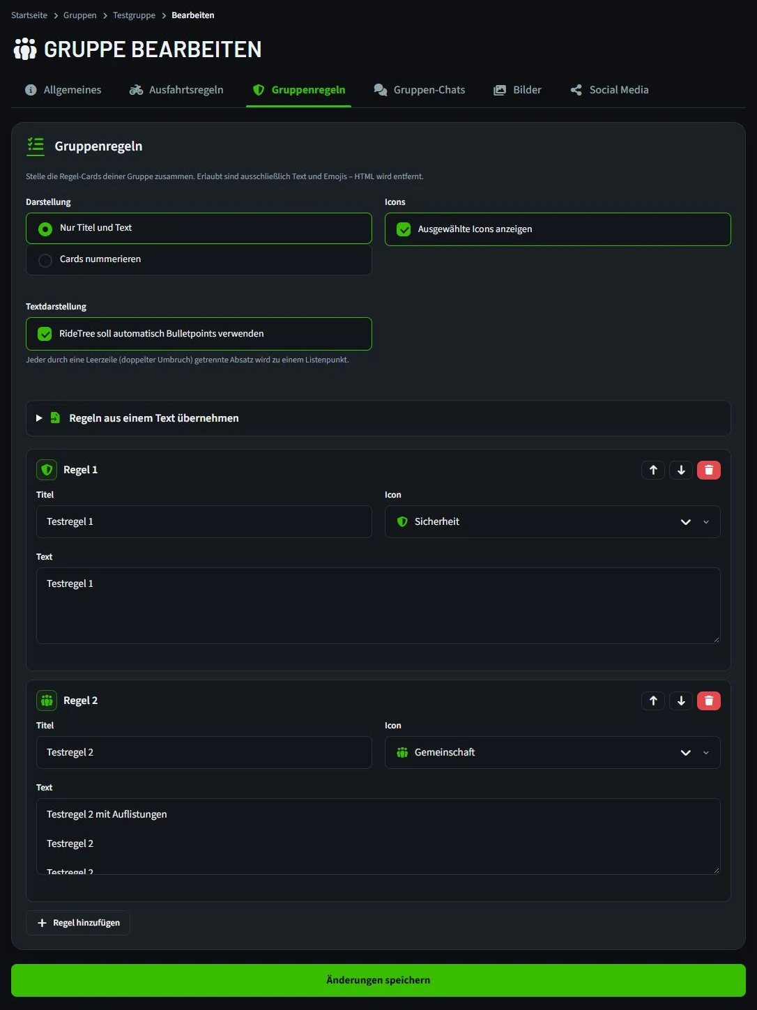 Reiter Gruppenregeln mit Titeln und Textfeldern für eigene Regeln