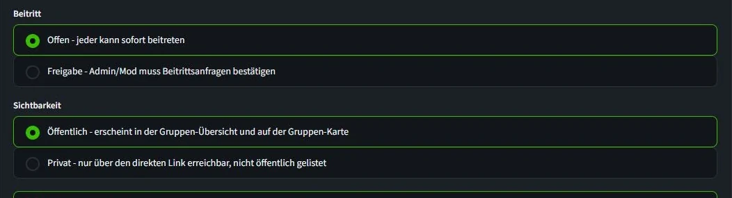Einstellung für offenen Beitritt oder Freigabe durch Admin und Moderator