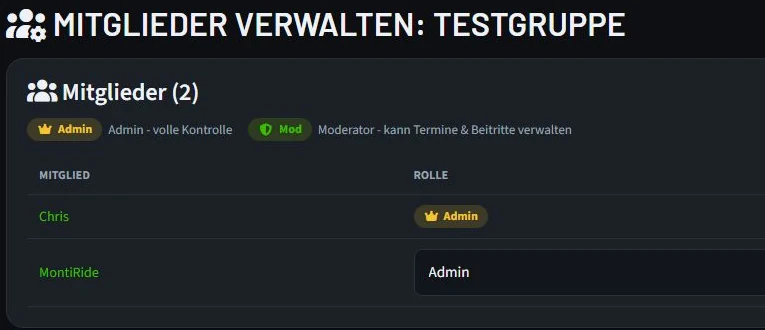 Mitgliederverwaltung mit Rollenlegende und Liste der Gruppenmitglieder