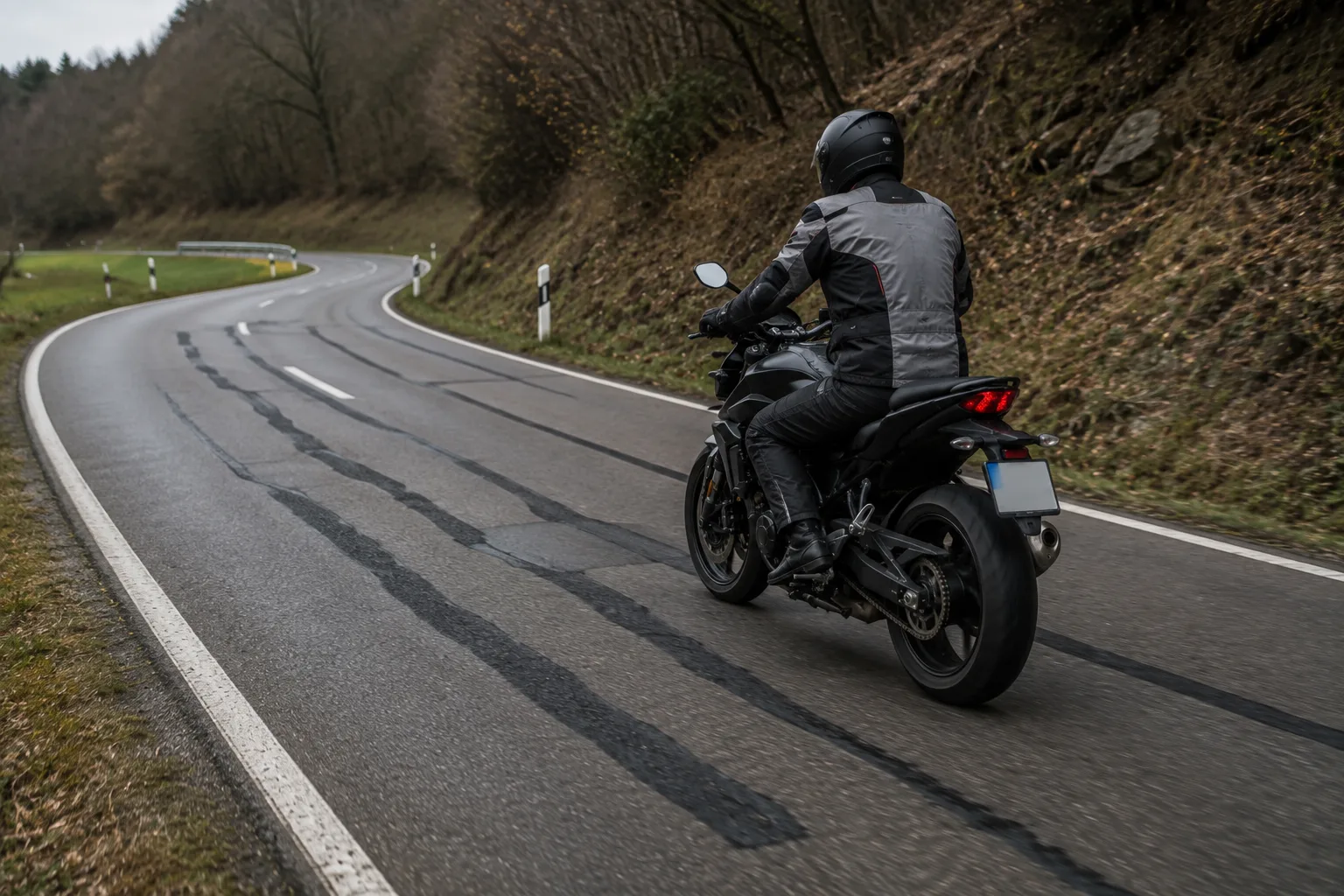 Motorradfahrerin nähert sich auf einer Landstraße mehreren Bitumenstreifen und Asphaltreparaturen.