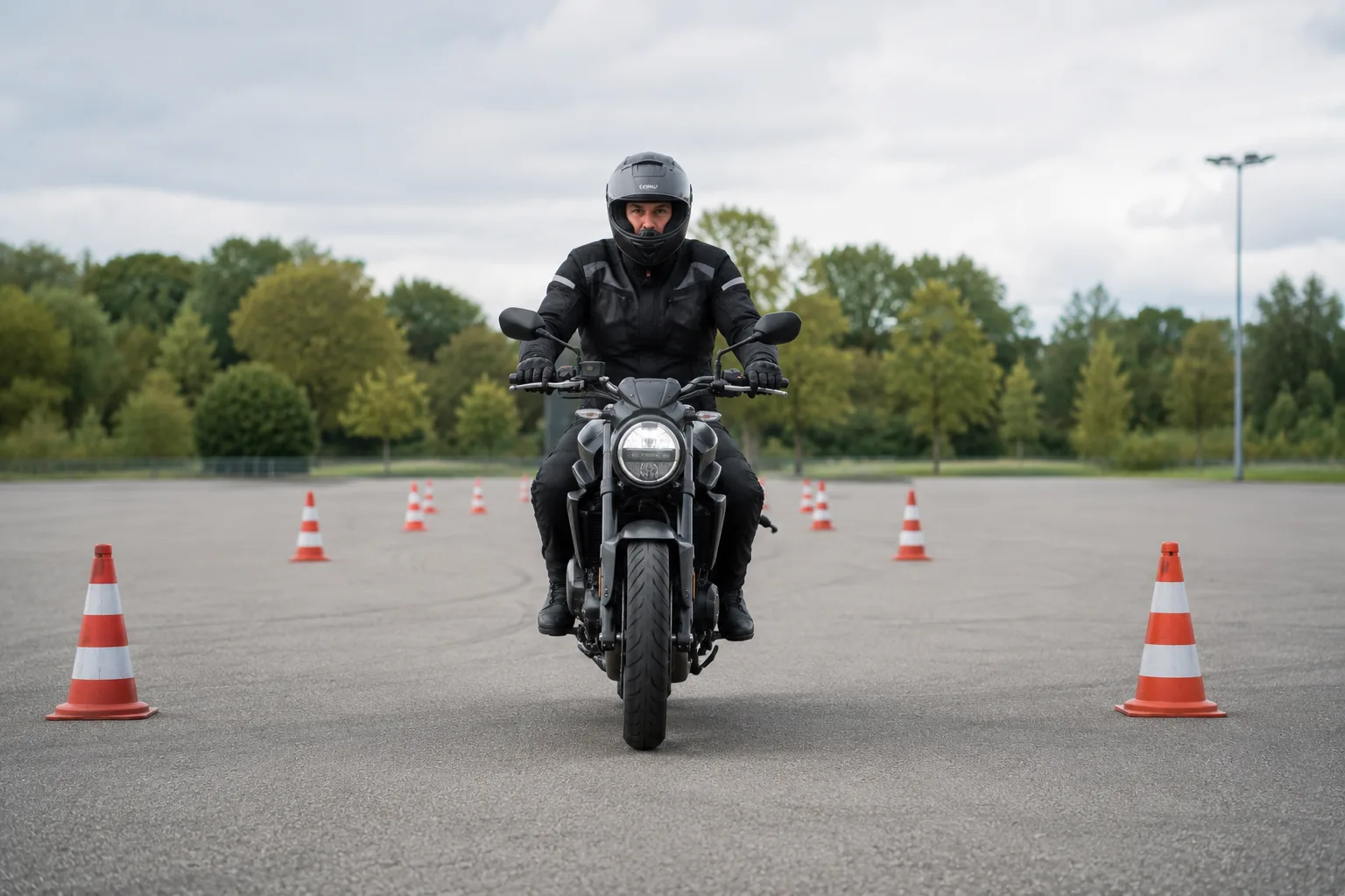 Motorradfahrer übt langsames Geradeausfahren auf einem freien Asphaltplatz.