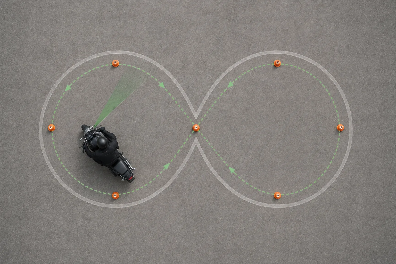 Draufsicht eines Motorradfahrers beim Üben einer langsamen Acht auf einem Platz.