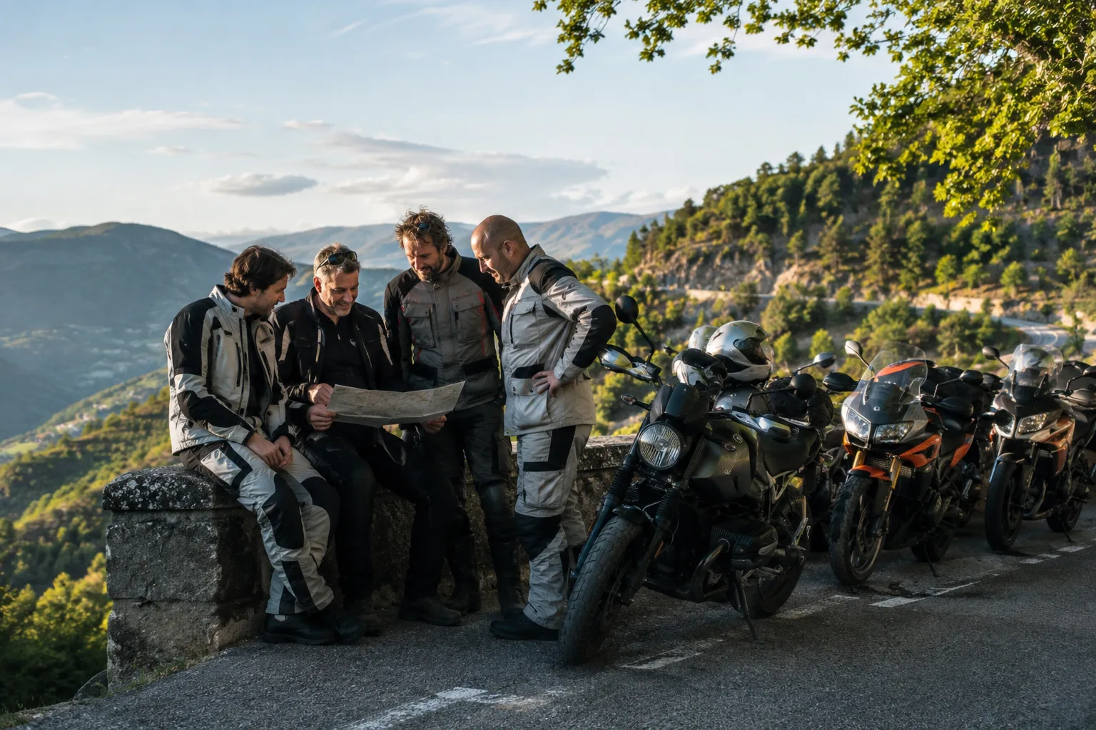 Mehrere Motorradfahrer unterhalten sich bei einer Pause neben ihren Motorrädern an einer Landstraße.
