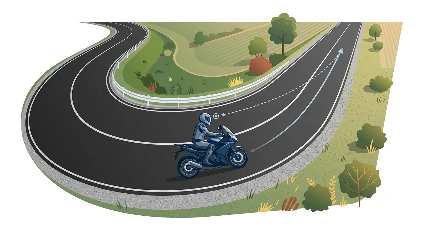 Infografik einer Motorradfahrerin in einer engen Rechtskurve mit visualisierter Blickrichtung zum Kurvenausgang