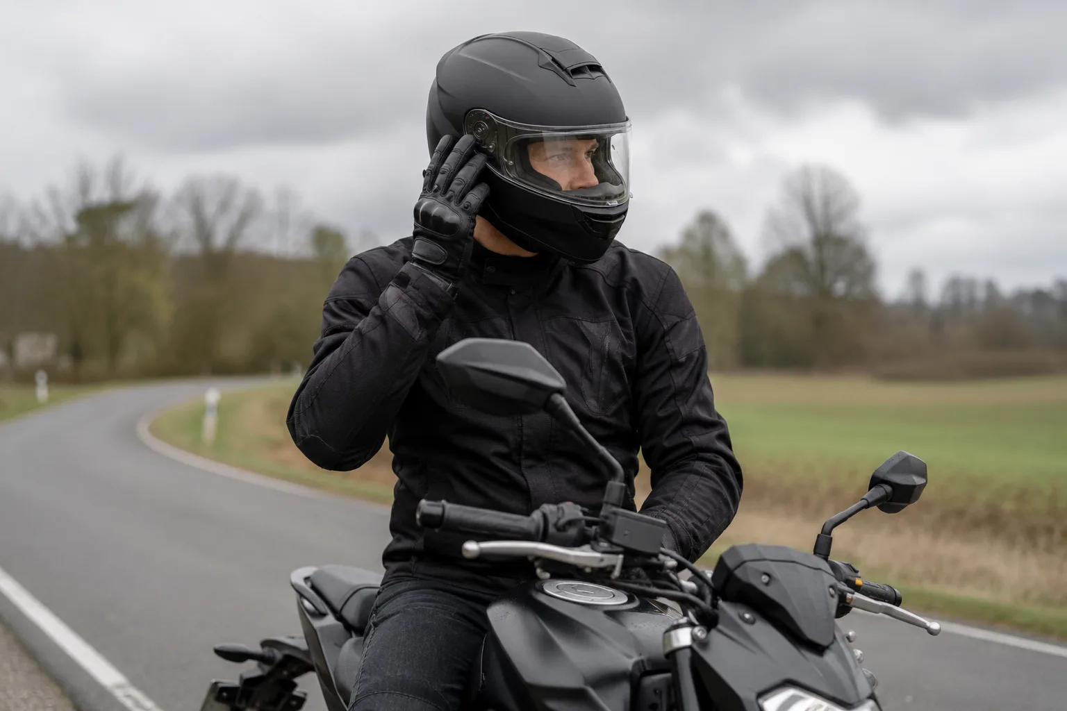 Motorradfahrer prüft auf einem Naked Bike die Bedienung seines Helmvisiers mit Handschuhen.