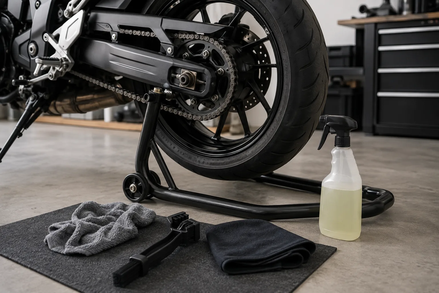 Vorbereiteter Arbeitsplatz am aufgebockten Motorrad mit Kettenbürste, Tüchern und Auffangmatte.
