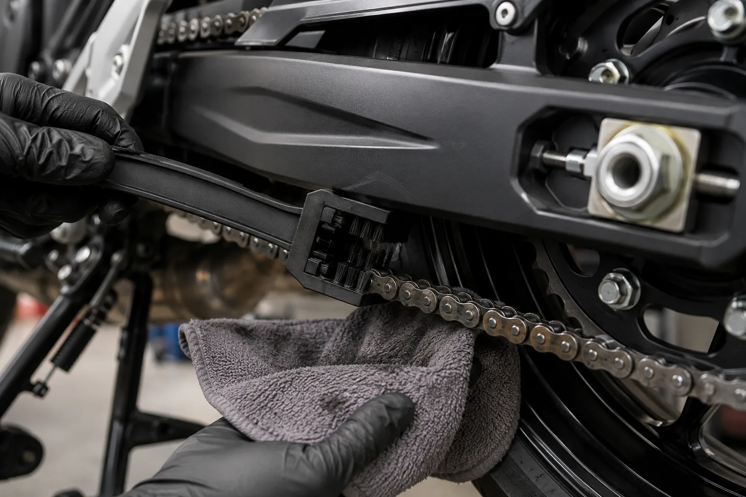 Eine behandschuhte Hand reinigt die untere Motorradkette mit einer weichen Bürste bei ausgeschaltetem Motor.