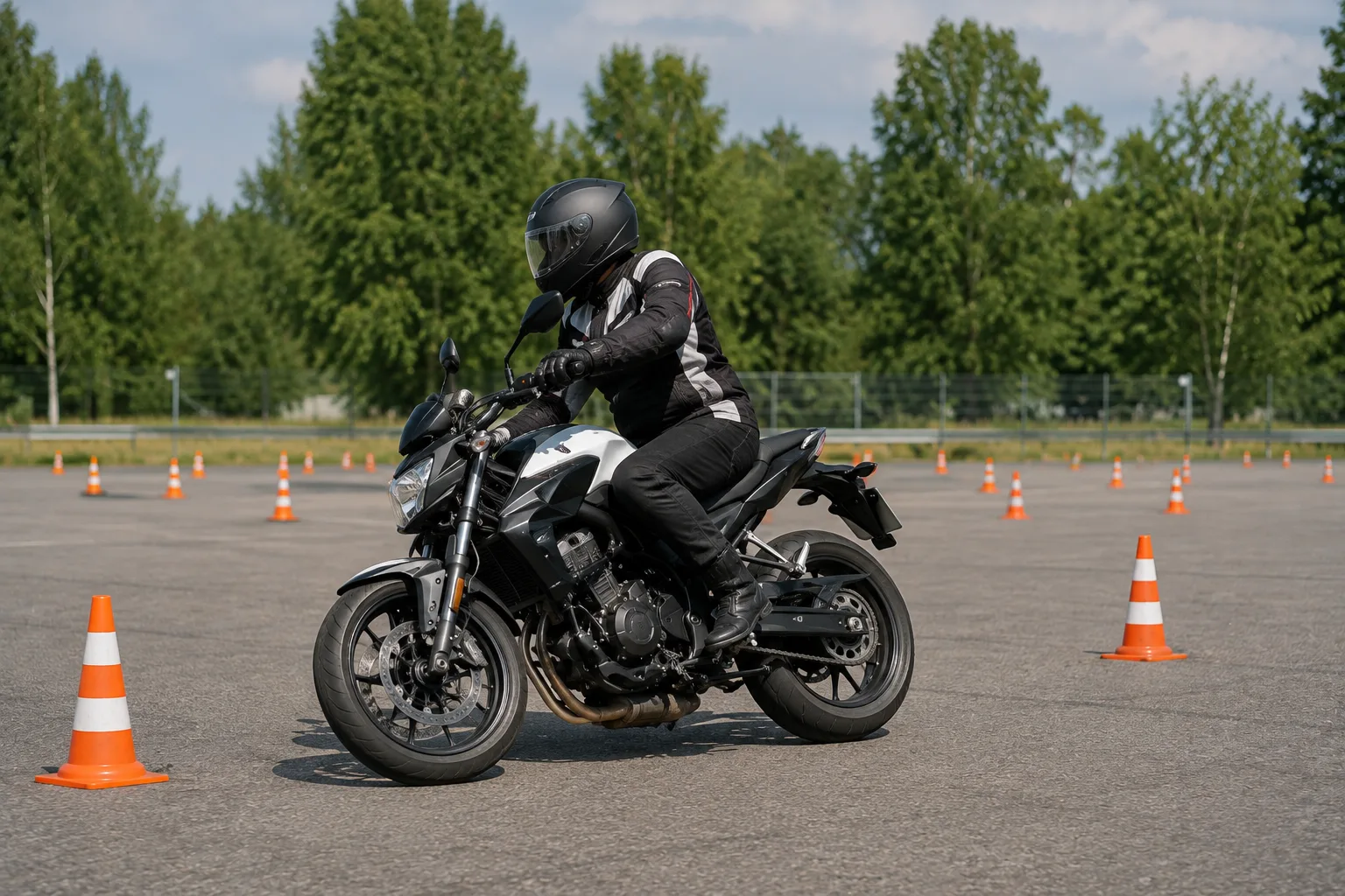 Motorradfahrerin übt langsames Slalomfahren zwischen Pylonen auf einem Übungsplatz