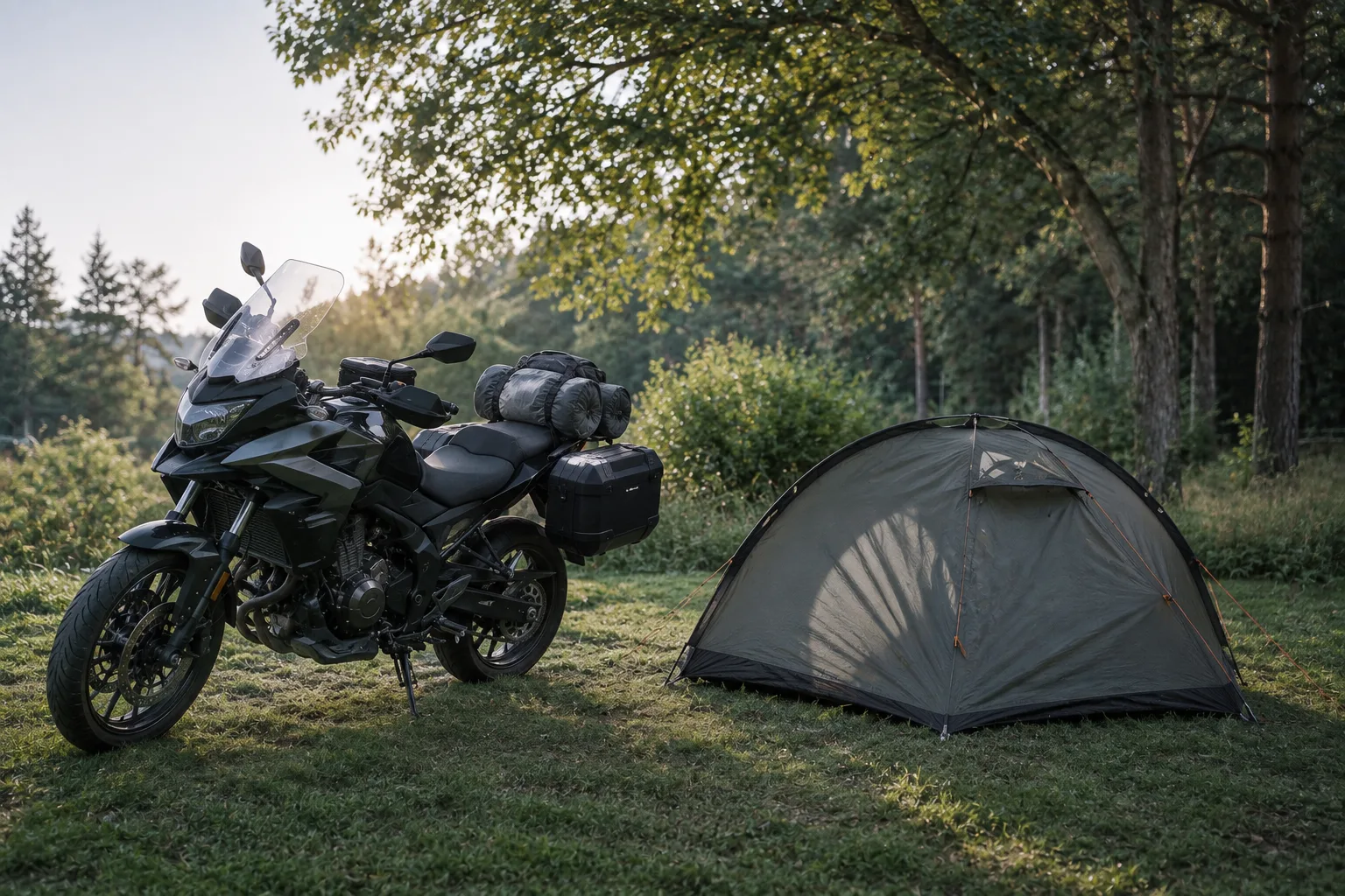 Beladenes Reisemotorrad neben einem kompakten Zelt auf einem Campingplatz