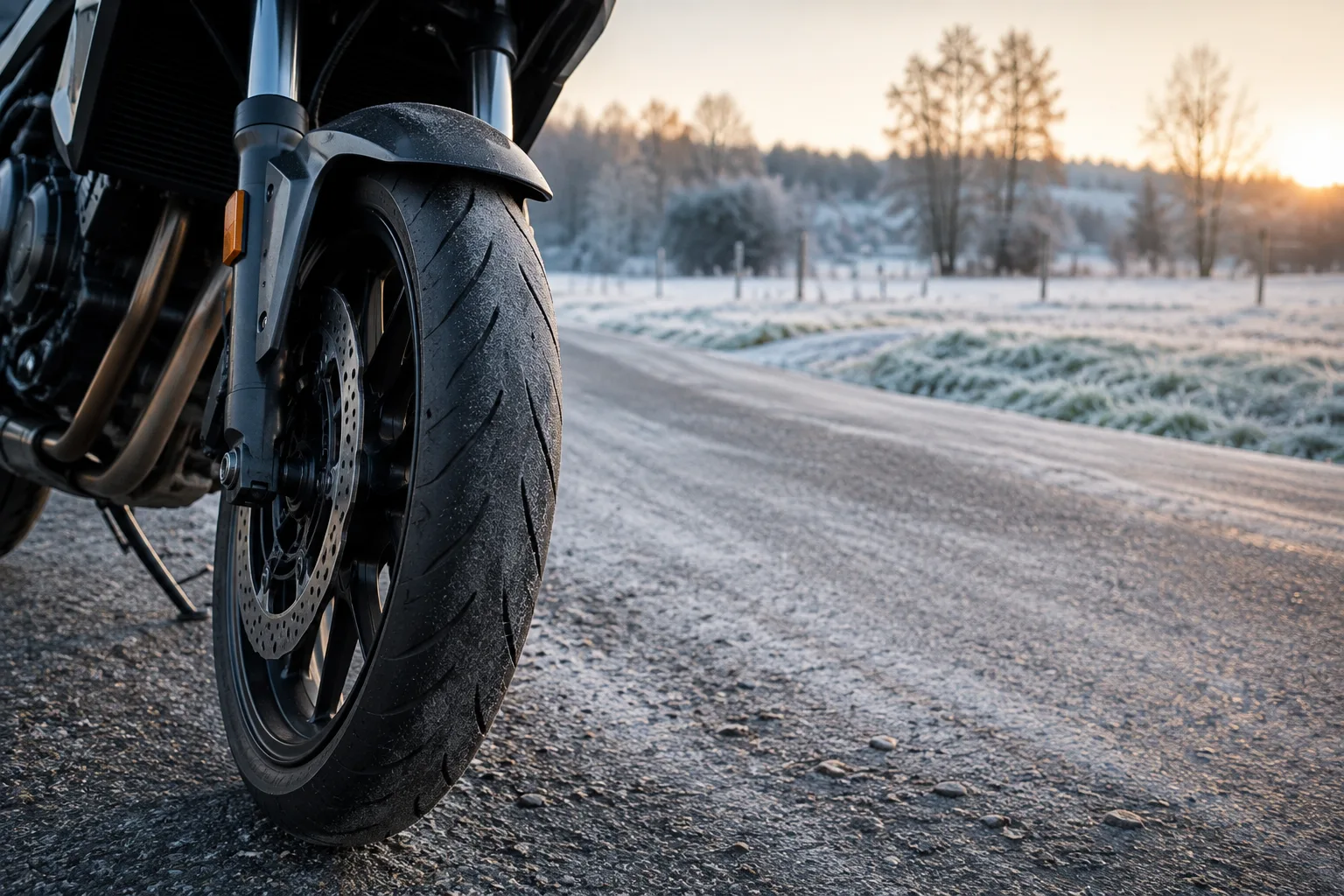 Motorrad-Vorderreifen auf einer trockenen Landstraße bei kaltem Morgenlicht