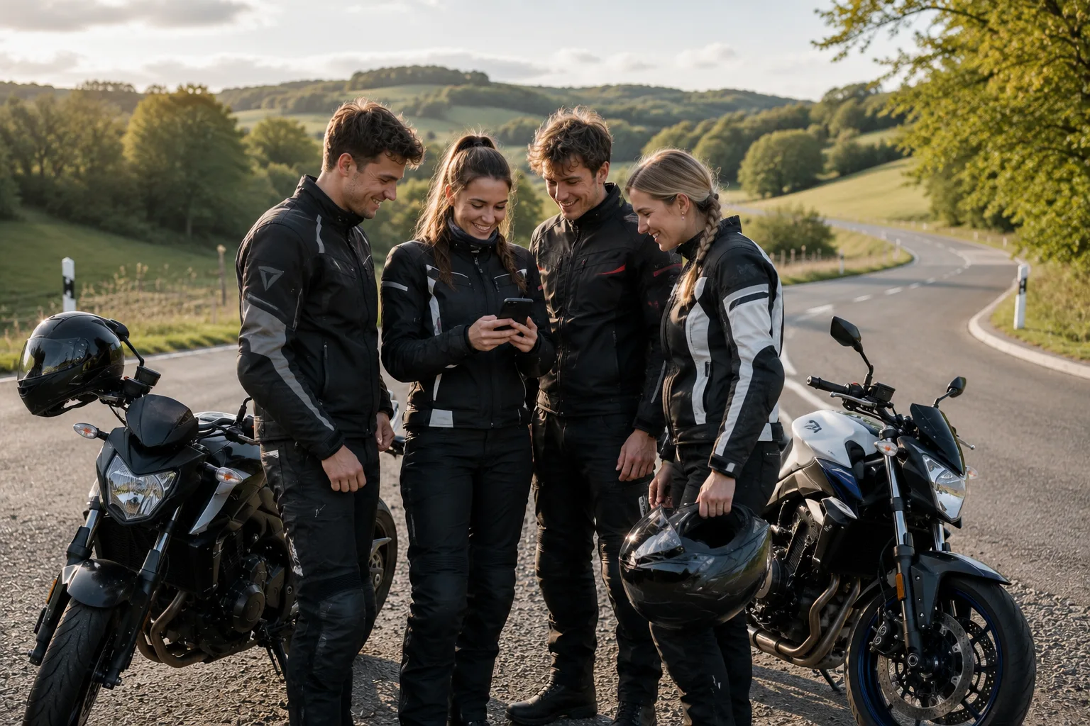Zwei Motorradfahrende besprechen am Treffpunkt ihre gemeinsame Route